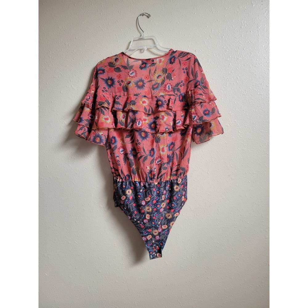 Zara Colorful Floral Ruffle Chiffon Romantic Short Sleeve Bodysuit Sz M - Picture 5 of 15